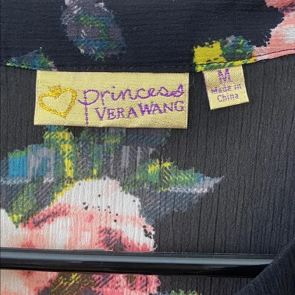 Black & Pink Sheer Floral Vera Wang Princess Blouse Medium Juniors Long Sleeve - Picture 3 of 6